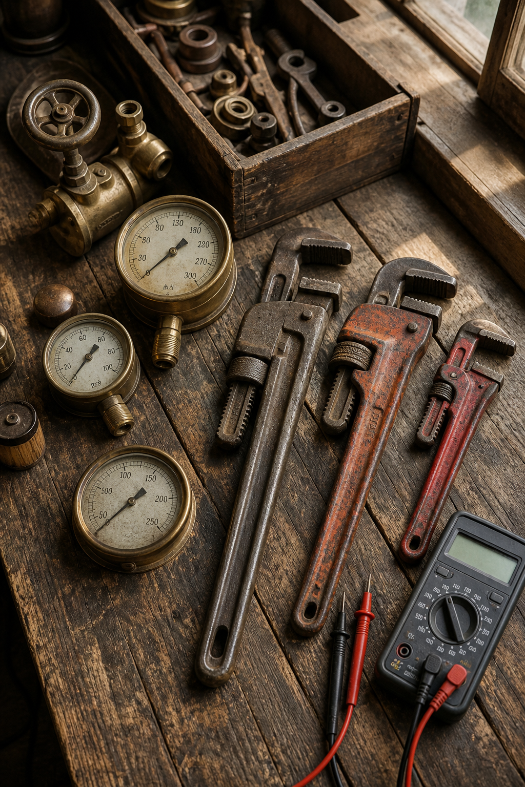 HVAC technician's workshop with vintage and modern tools
